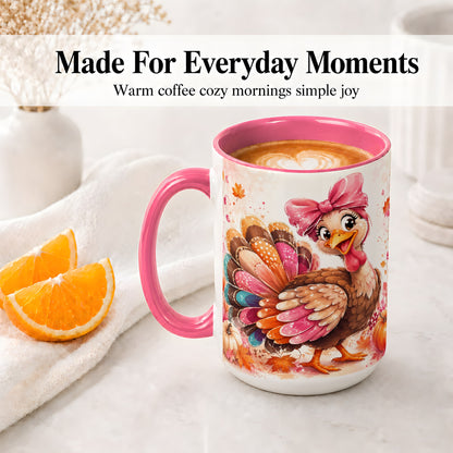 #pl[15oz|Pink] Colorful Thanksgiving Turkey Accent Mug, Mug with Pink Bow Art