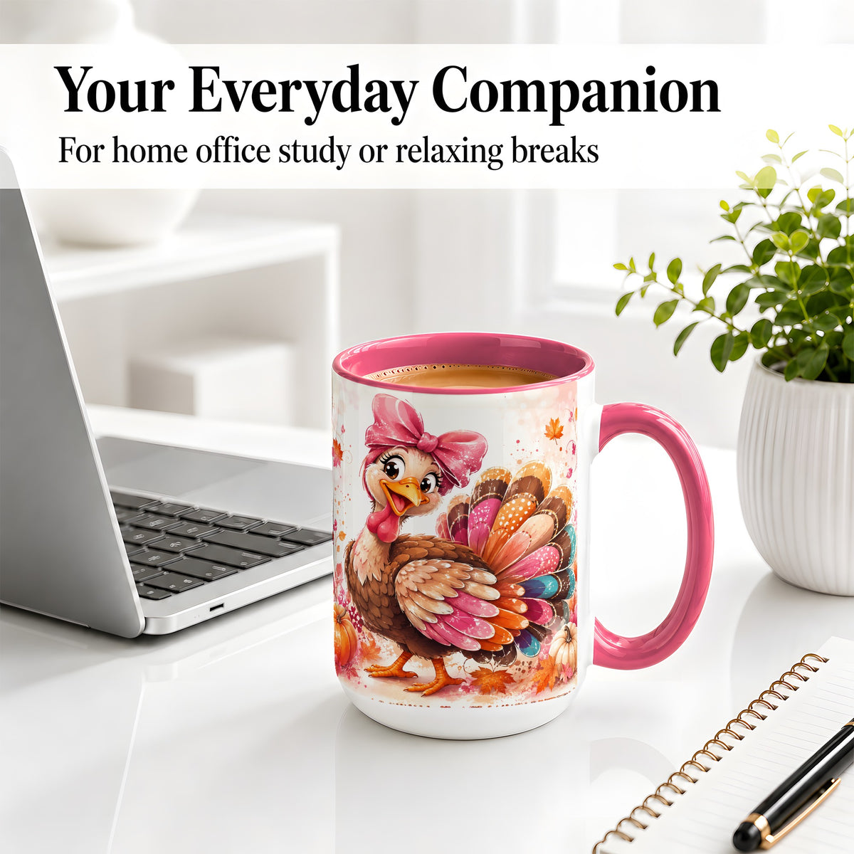#pl[15oz|Pink] Colorful Thanksgiving Turkey Accent Mug, Mug with Pink Bow Art