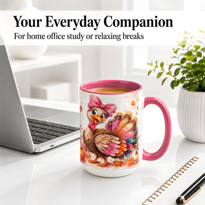 #pl[15oz|Pink] Colorful Thanksgiving Turkey Accent Mug, Mug with Pink Bow Art