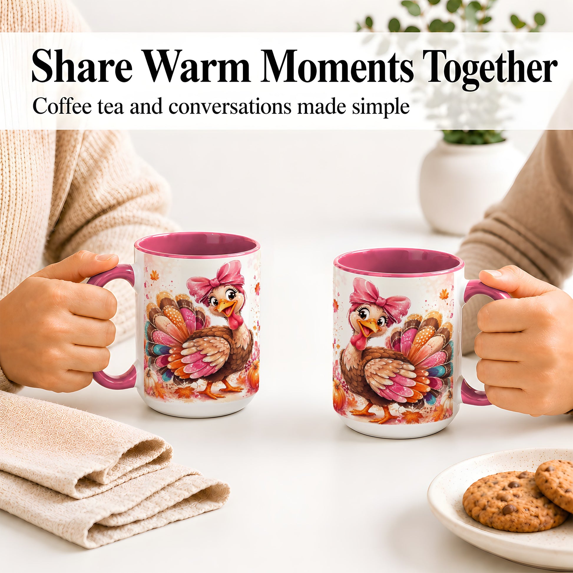 #pl[15oz|Pink] Colorful Thanksgiving Turkey Accent Mug, Mug with Pink Bow Art
