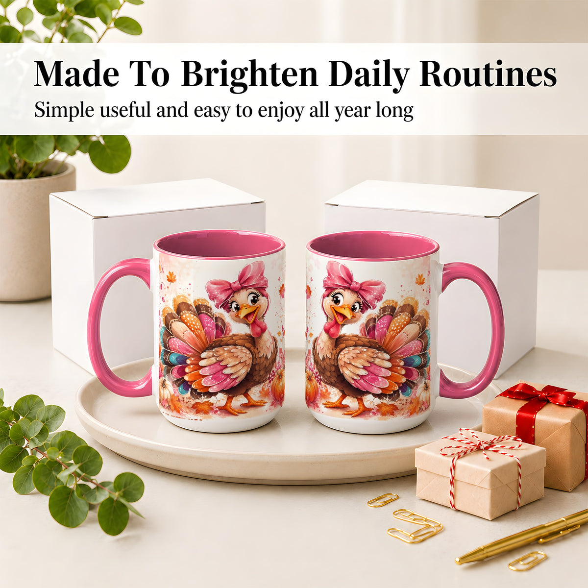 #pl[15oz|Pink] Colorful Thanksgiving Turkey Accent Mug, Mug with Pink Bow Art