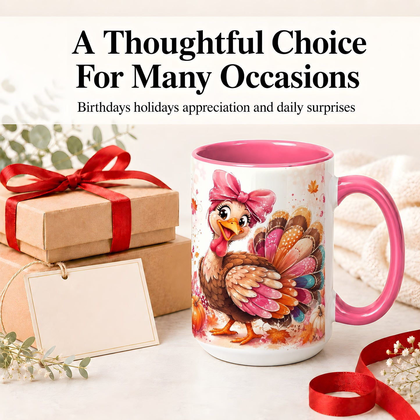 #pl[15oz|Pink] Colorful Thanksgiving Turkey Accent Mug, Mug with Pink Bow Art