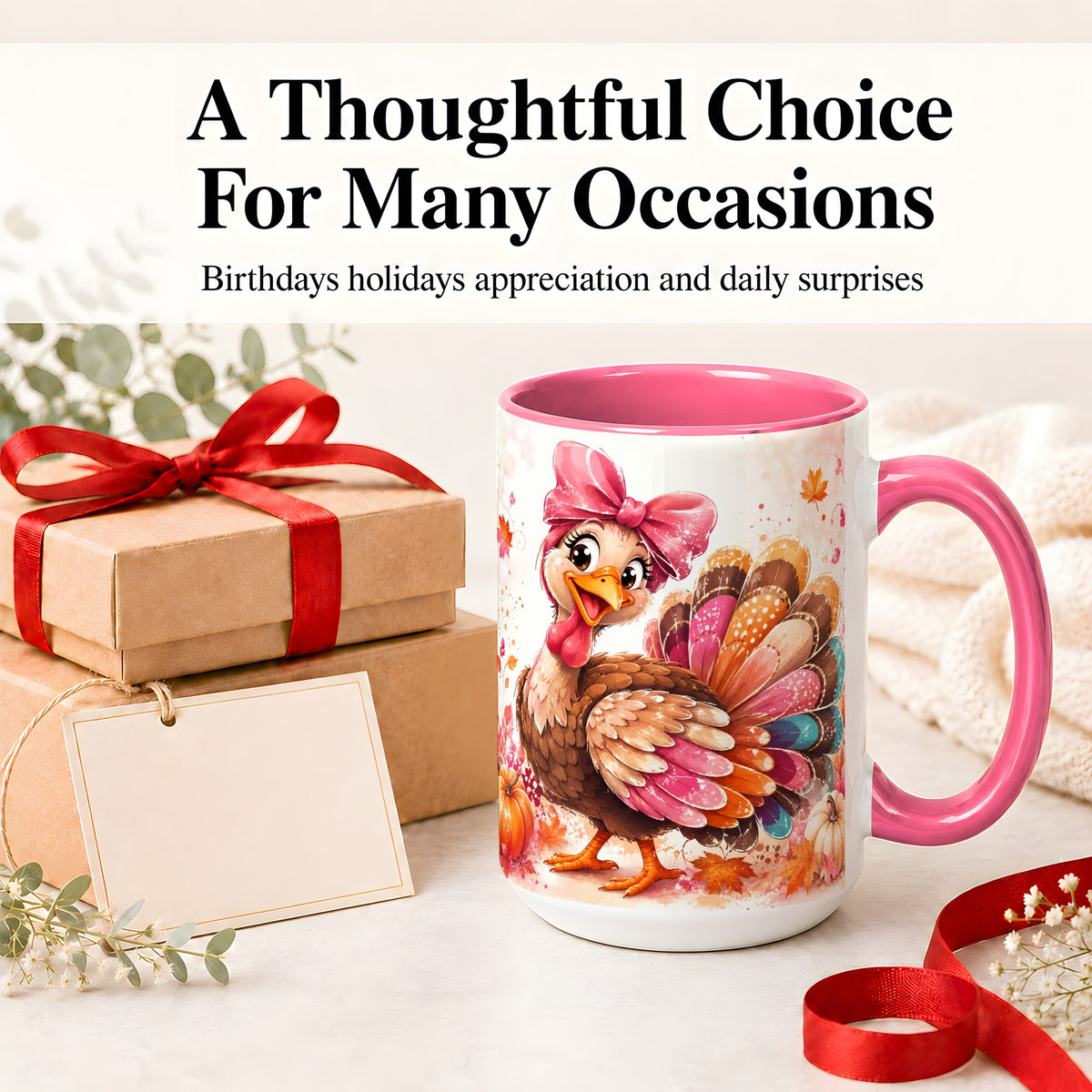 #pl[15oz|Pink] Colorful Thanksgiving Turkey Accent Mug, Mug with Pink Bow Art