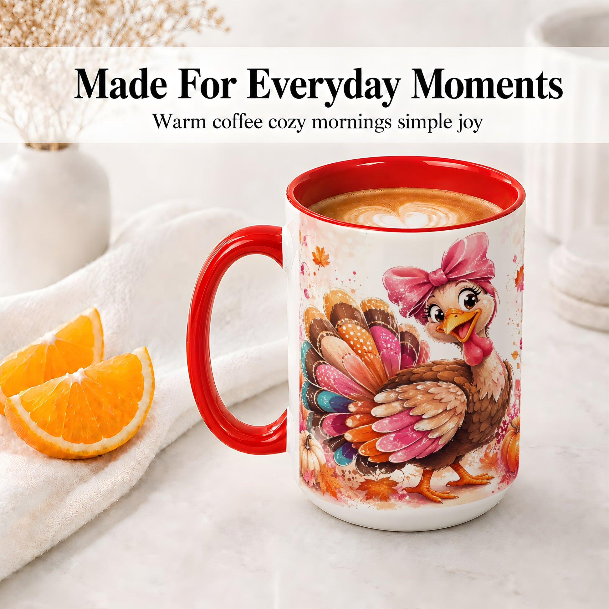 #pl[15oz|Red] Colorful Thanksgiving Turkey Accent Mug, Mug with Pink Bow Art