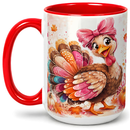 #pl[15oz|Red] Colorful Thanksgiving Turkey Accent Mug, Mug with Pink Bow Art