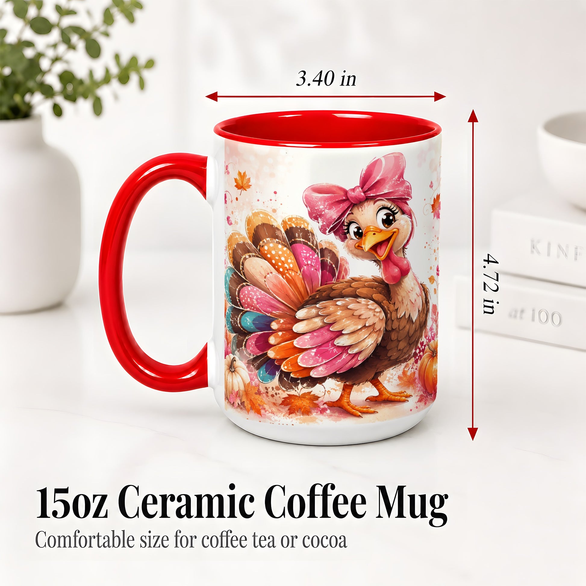 #pl[15oz|Red] Colorful Thanksgiving Turkey Accent Mug, Mug with Pink Bow Art