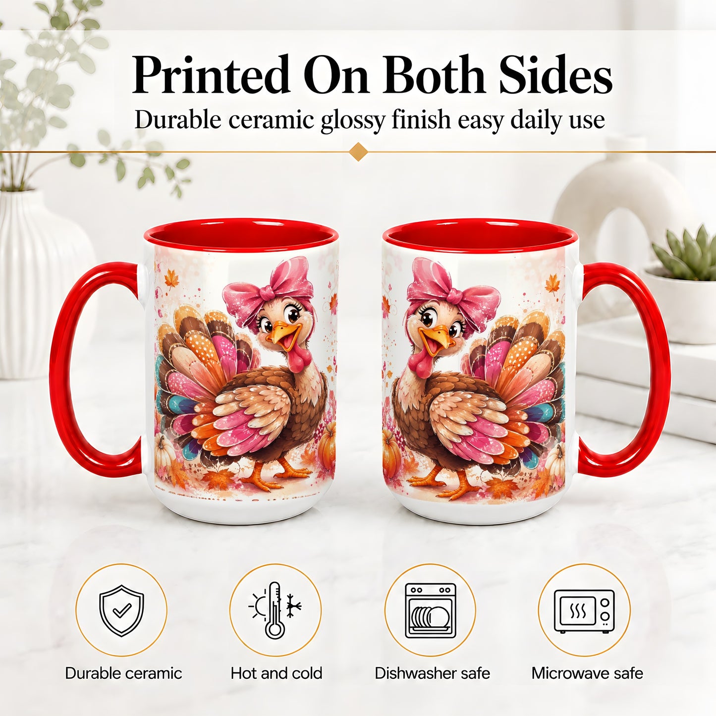 #pl[15oz|Red] Colorful Thanksgiving Turkey Accent Mug, Mug with Pink Bow Art