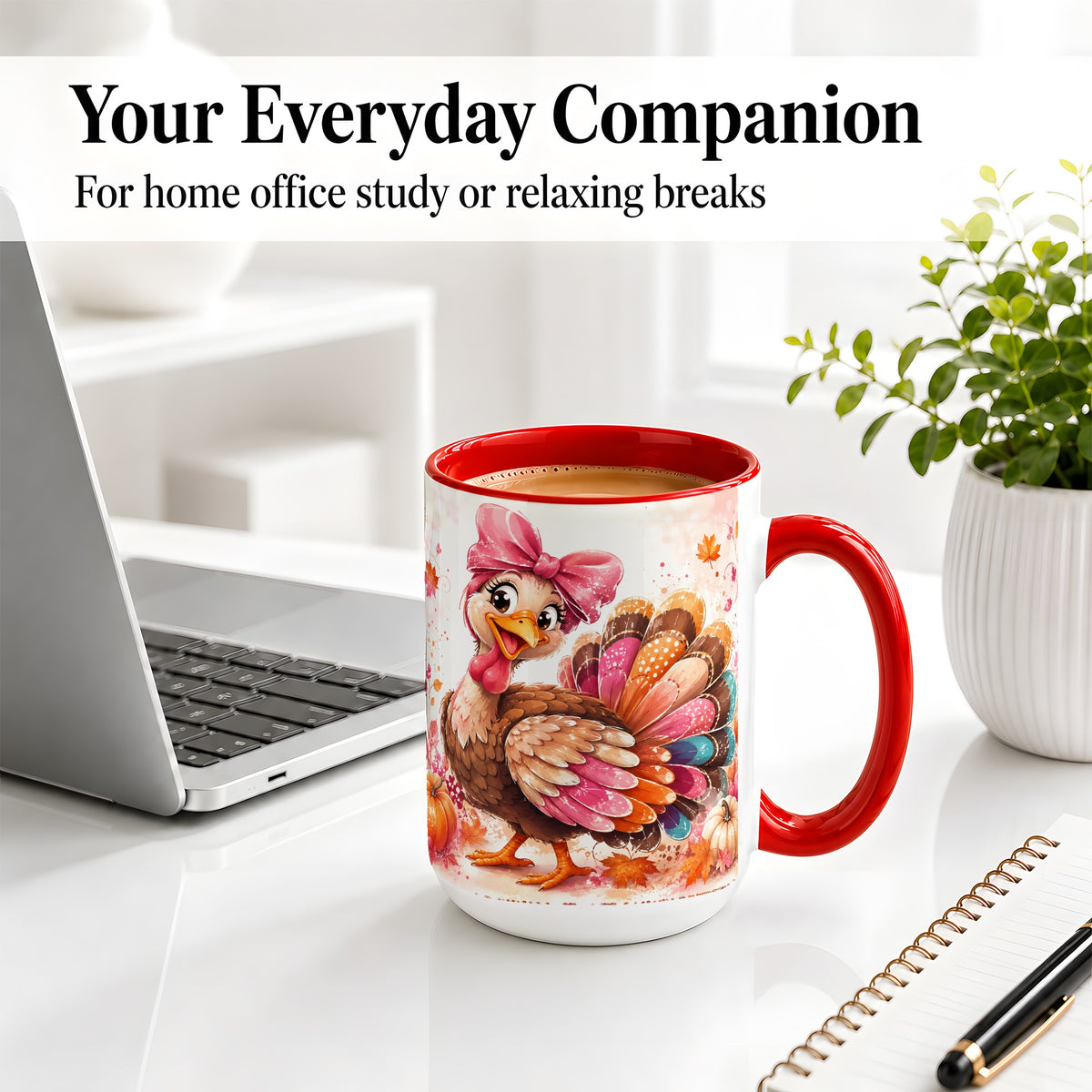 #pl[15oz|Red] Colorful Thanksgiving Turkey Accent Mug, Mug with Pink Bow Art