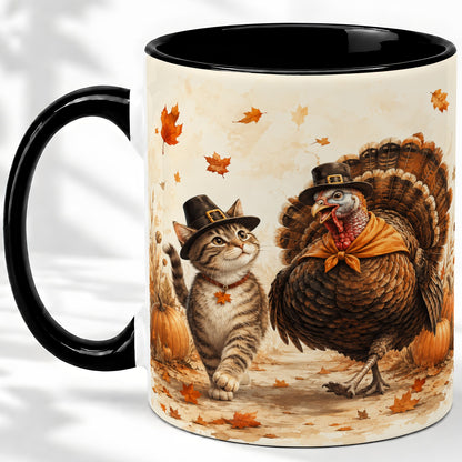 #pl[11oz|Black] Thanksgiving Cat and Turkey Accent Mug, Mug with Pilgrim Hats