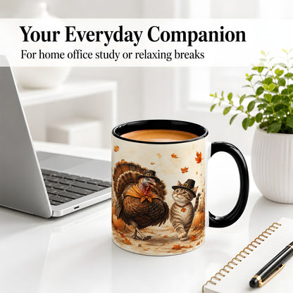 #pl[11oz|Black] Thanksgiving Cat and Turkey Accent Mug, Mug with Pilgrim Hats