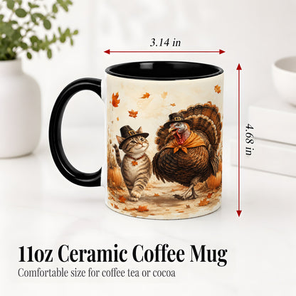 #pl[11oz|Black] Thanksgiving Cat and Turkey Accent Mug, Mug with Pilgrim Hats