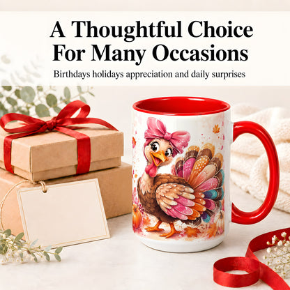 #pl[15oz|Red] Colorful Thanksgiving Turkey Accent Mug, Mug with Pink Bow Art