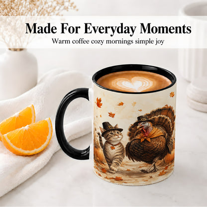 #pl[11oz|Black] Thanksgiving Cat and Turkey Accent Mug, Mug with Pilgrim Hats