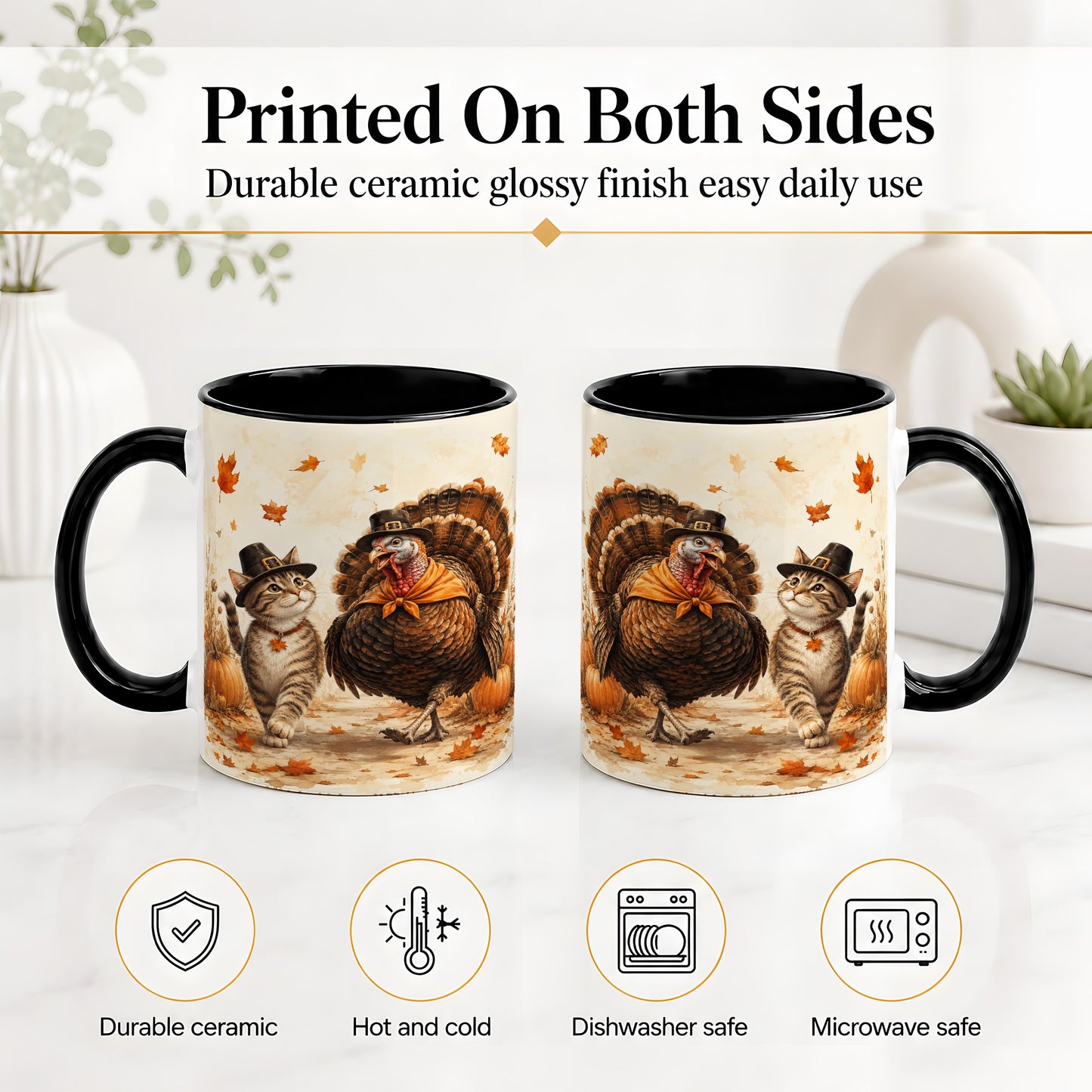 #pl[11oz|Black] Thanksgiving Cat and Turkey Accent Mug, Mug with Pilgrim Hats
