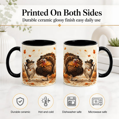#pl[11oz|Black] Thanksgiving Cat and Turkey Accent Mug, Mug with Pilgrim Hats