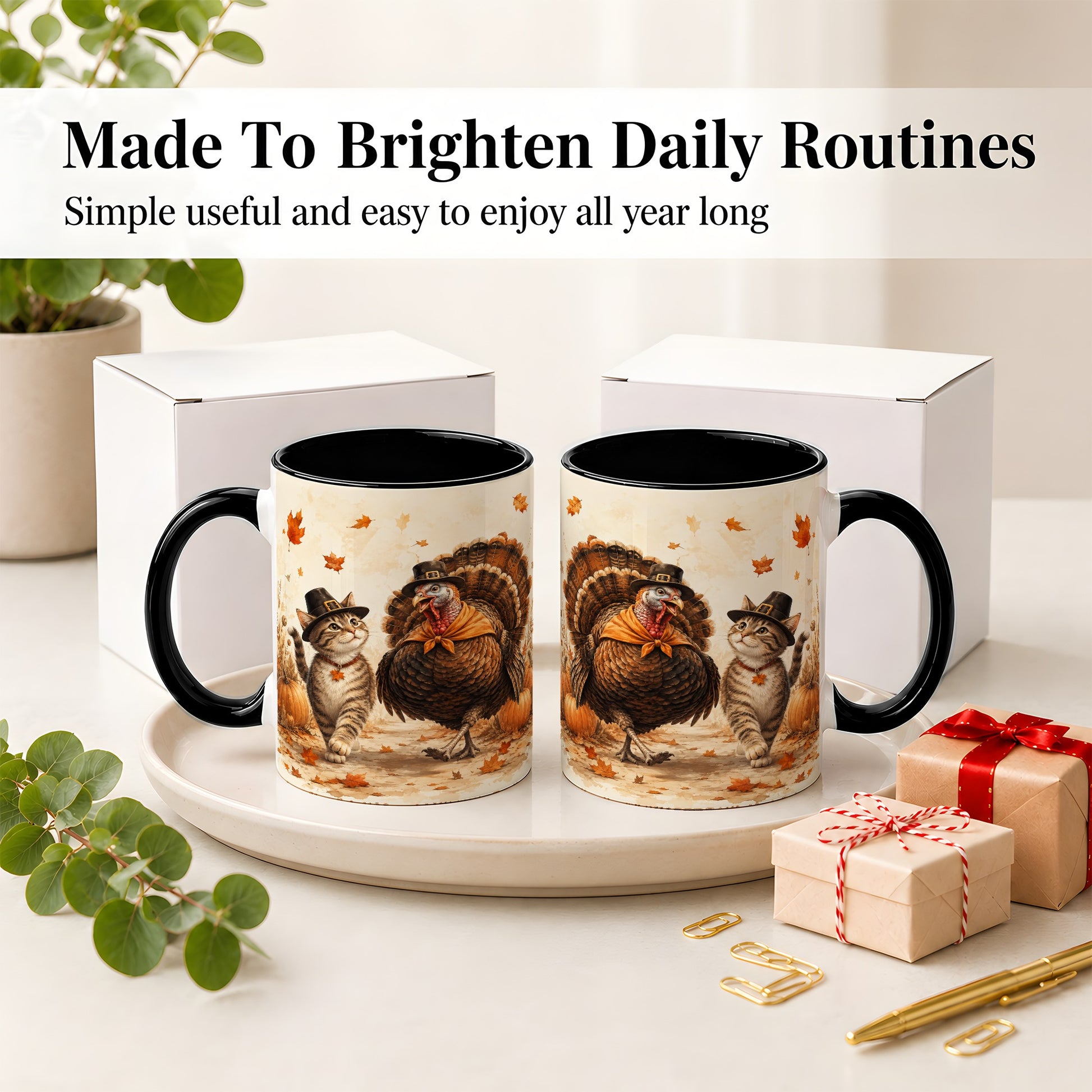 #pl[11oz|Black] Thanksgiving Cat and Turkey Accent Mug, Mug with Pilgrim Hats