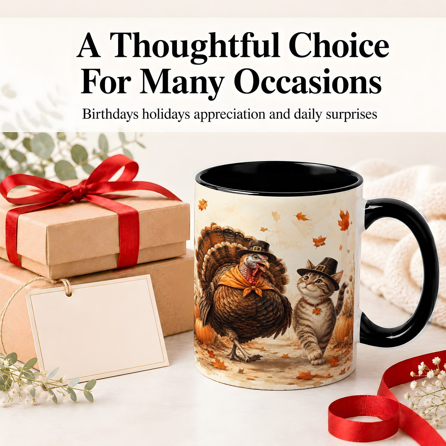 #pl[11oz|Black] Thanksgiving Cat and Turkey Accent Mug, Mug with Pilgrim Hats