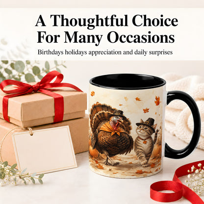 #pl[11oz|Black] Thanksgiving Cat and Turkey Accent Mug, Mug with Pilgrim Hats