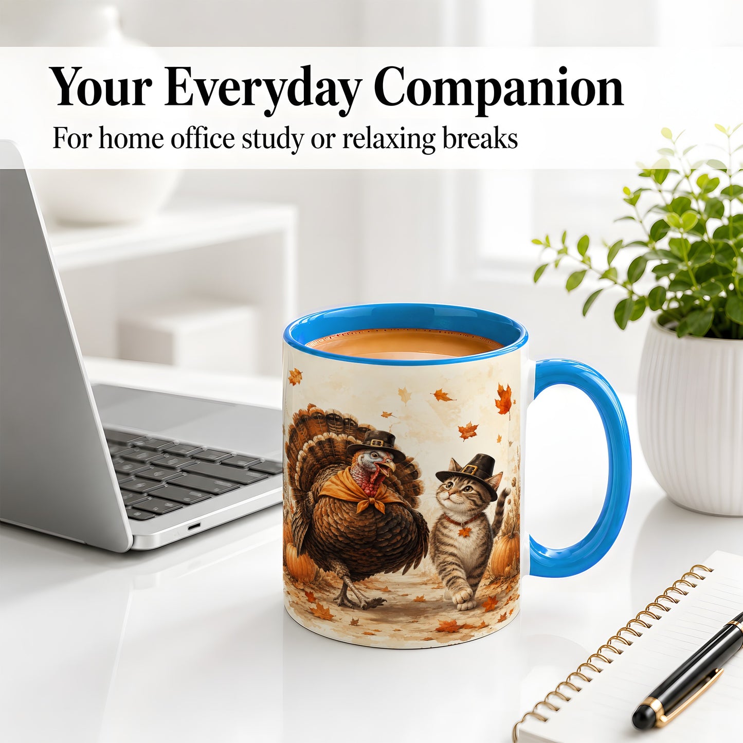 #pl[11oz|Blue] Thanksgiving Cat and Turkey Accent Mug, Mug with Pilgrim Hats