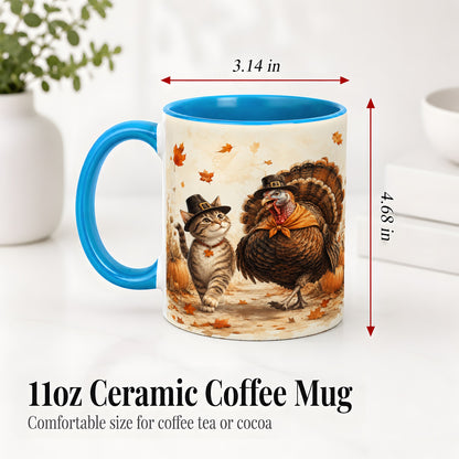 #pl[11oz|Blue] Thanksgiving Cat and Turkey Accent Mug, Mug with Pilgrim Hats