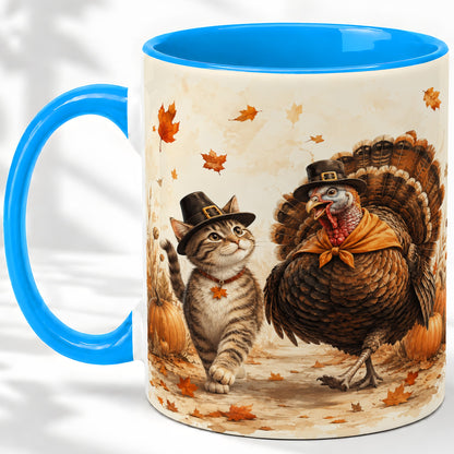 #pl[11oz|Blue] Thanksgiving Cat and Turkey Accent Mug, Mug with Pilgrim Hats