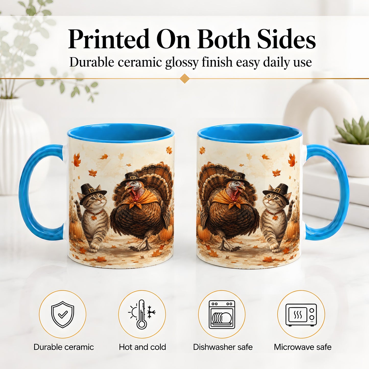 #pl[11oz|Blue] Thanksgiving Cat and Turkey Accent Mug, Mug with Pilgrim Hats
