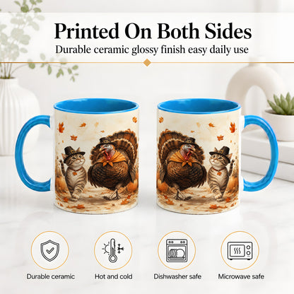 #pl[11oz|Blue] Thanksgiving Cat and Turkey Accent Mug, Mug with Pilgrim Hats