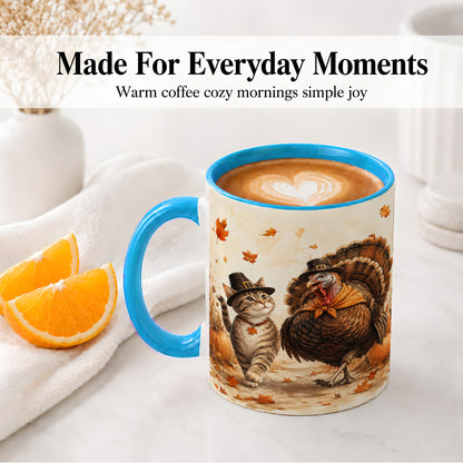 #pl[11oz|Blue] Thanksgiving Cat and Turkey Accent Mug, Mug with Pilgrim Hats