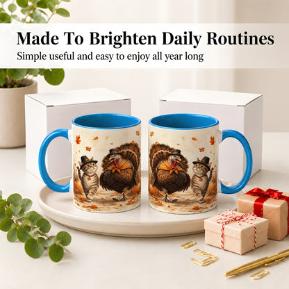 #pl[11oz|Blue] Thanksgiving Cat and Turkey Accent Mug, Mug with Pilgrim Hats
