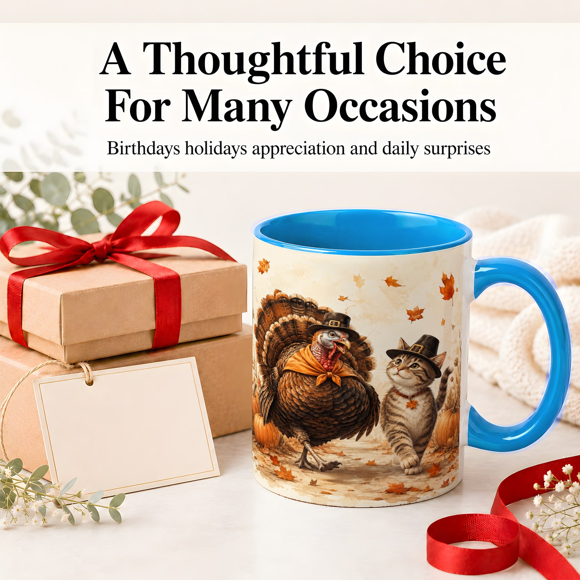 #pl[11oz|Blue] Thanksgiving Cat and Turkey Accent Mug, Mug with Pilgrim Hats