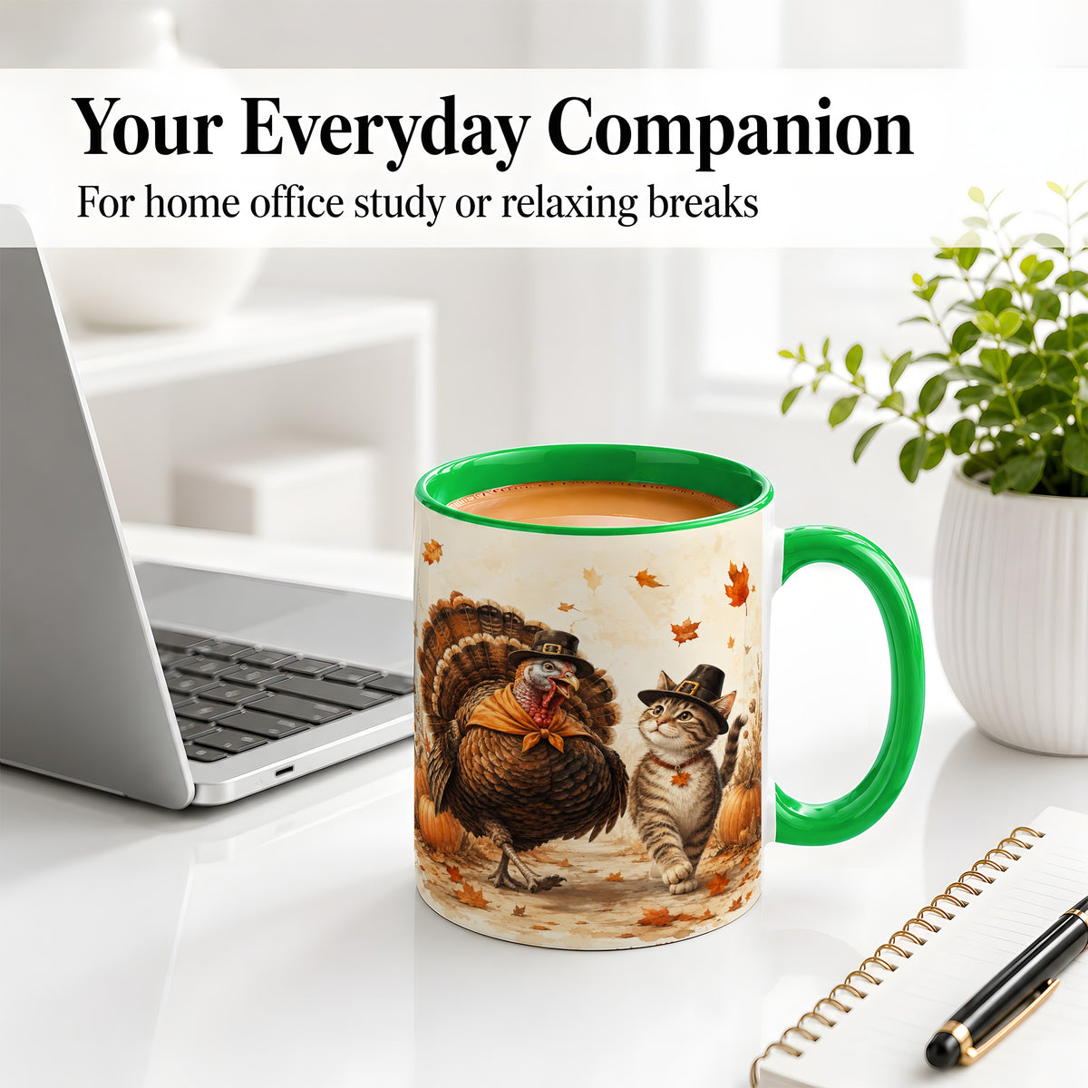 #pl[11oz|Green] Thanksgiving Cat and Turkey Accent Mug, Mug with Pilgrim Hats