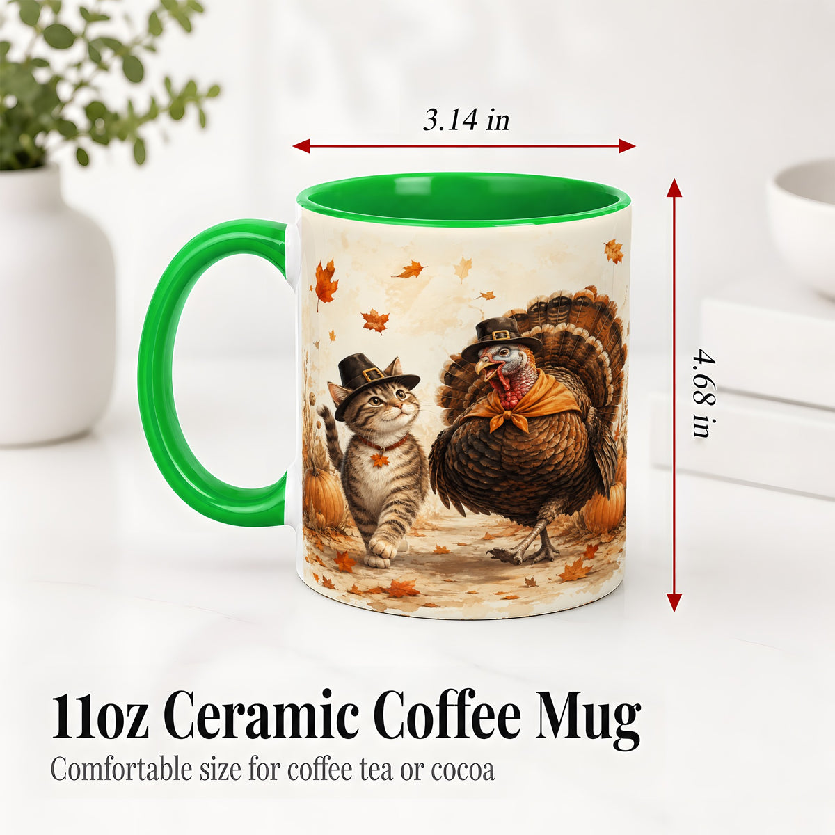 #pl[11oz|Green] Thanksgiving Cat and Turkey Accent Mug, Mug with Pilgrim Hats