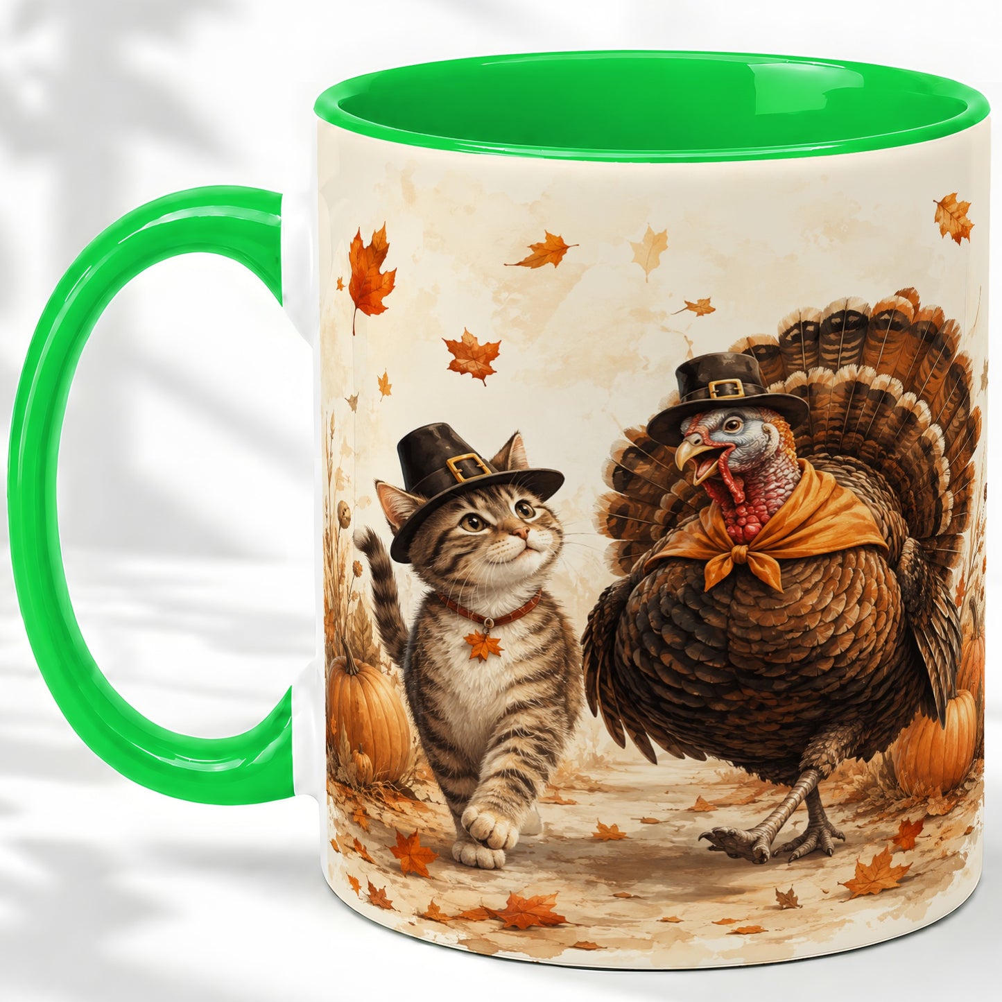 #pl[11oz|Green] Thanksgiving Cat and Turkey Accent Mug, Mug with Pilgrim Hats