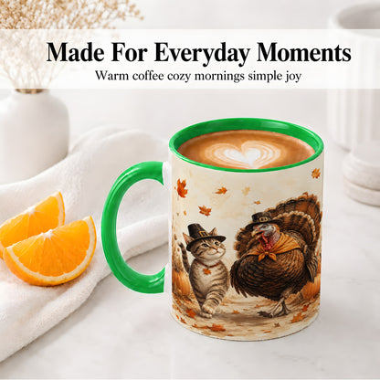 #pl[11oz|Green] Thanksgiving Cat and Turkey Accent Mug, Mug with Pilgrim Hats