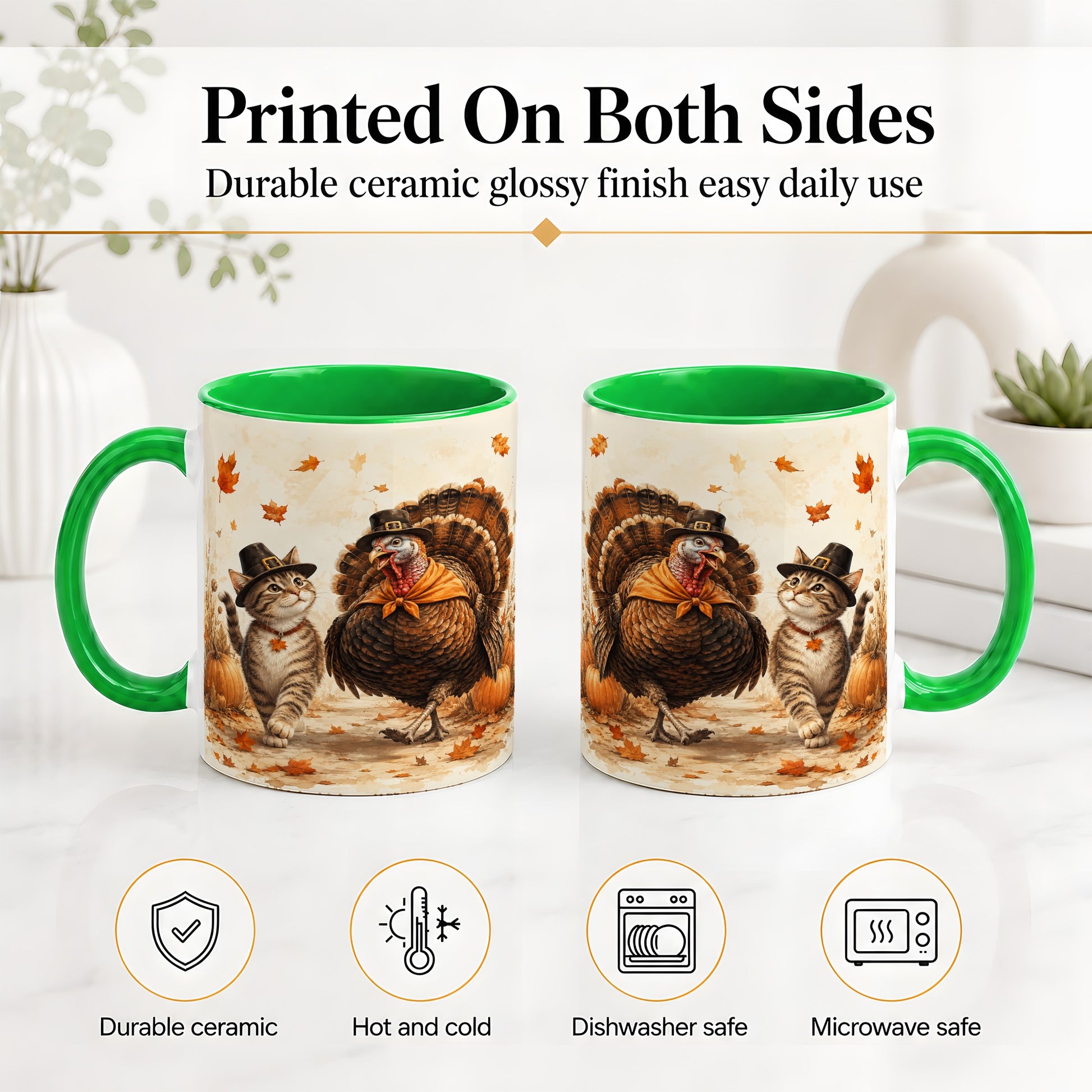 #pl[11oz|Green] Thanksgiving Cat and Turkey Accent Mug, Mug with Pilgrim Hats