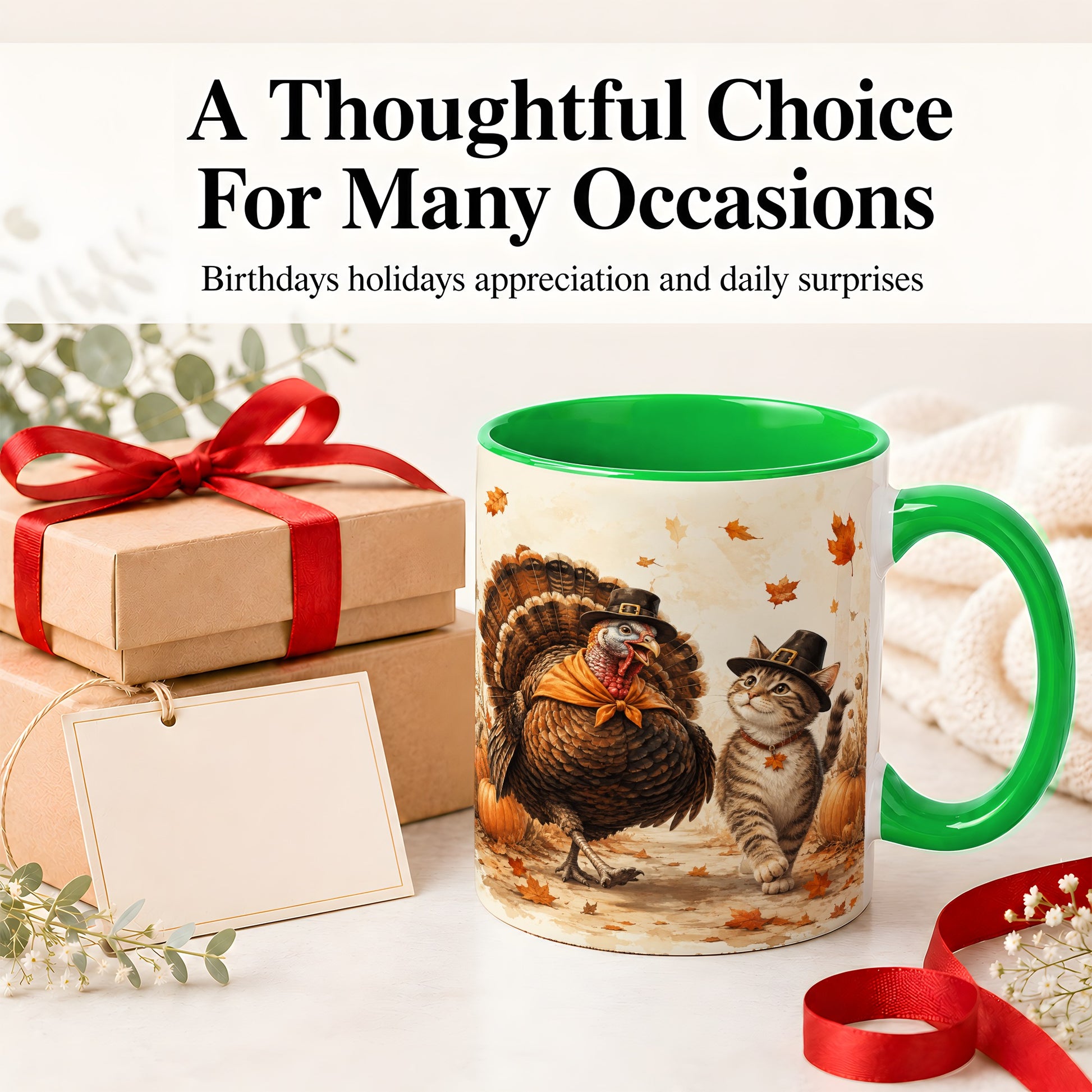 #pl[11oz|Green] Thanksgiving Cat and Turkey Accent Mug, Mug with Pilgrim Hats