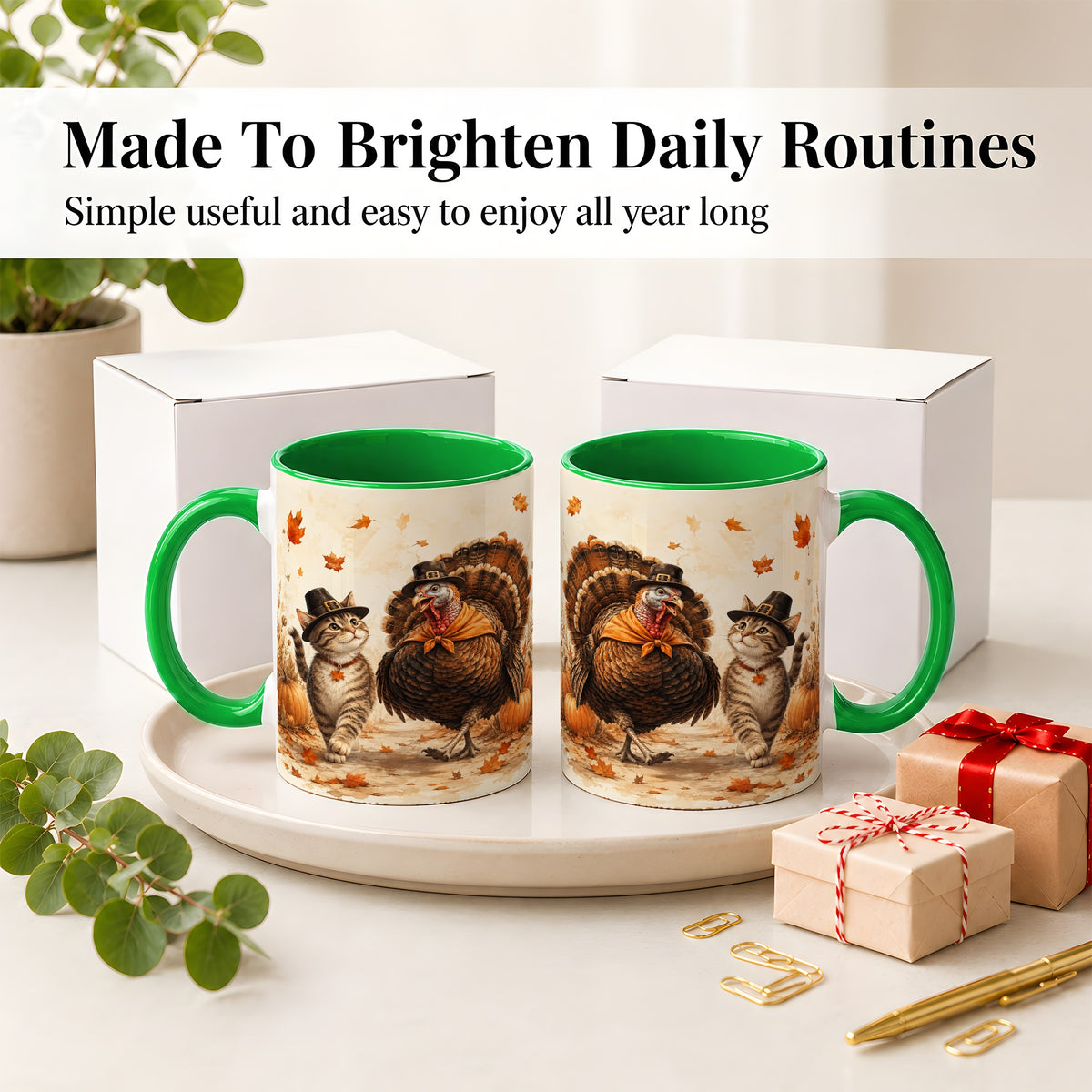 #pl[11oz|Green] Thanksgiving Cat and Turkey Accent Mug, Mug with Pilgrim Hats