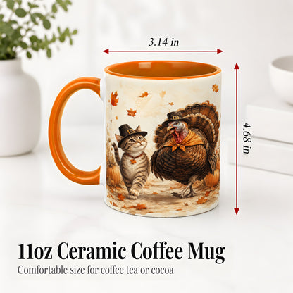 #pl[11oz|Orange] Thanksgiving Cat and Turkey Accent Mug, Mug with Pilgrim Hats