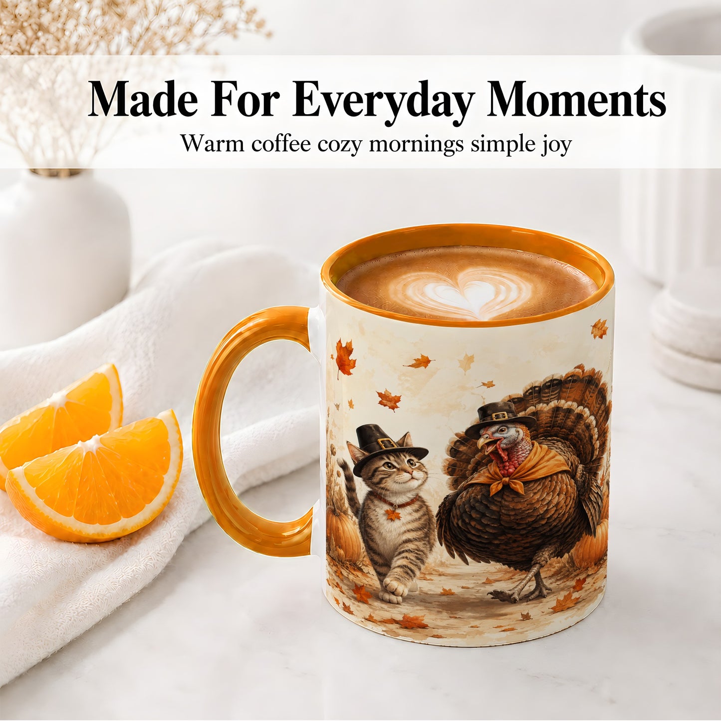 #pl[11oz|Orange] Thanksgiving Cat and Turkey Accent Mug, Mug with Pilgrim Hats
