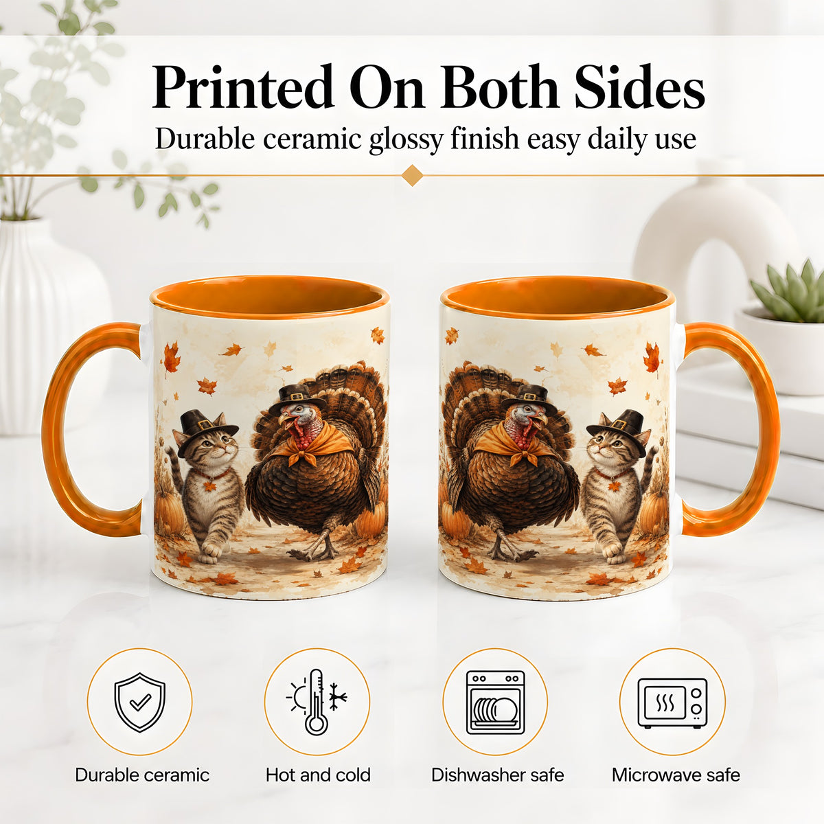 #pl[11oz|Orange] Thanksgiving Cat and Turkey Accent Mug, Mug with Pilgrim Hats