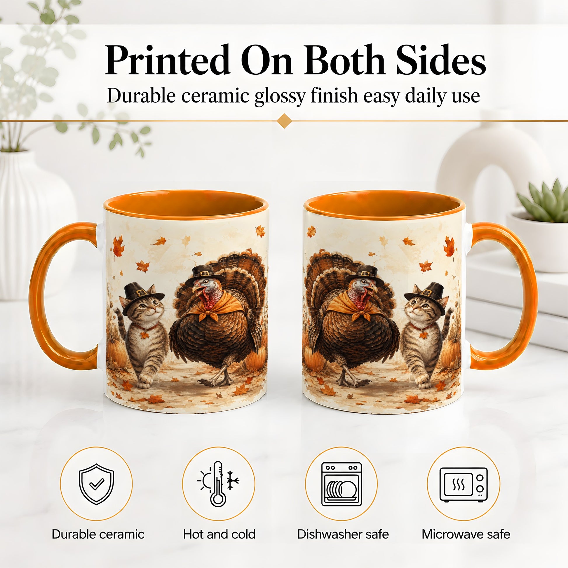 #pl[11oz|Orange] Thanksgiving Cat and Turkey Accent Mug, Mug with Pilgrim Hats