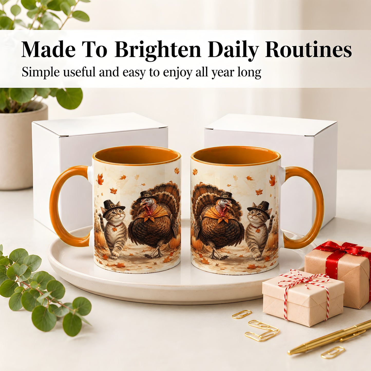 #pl[11oz|Orange] Thanksgiving Cat and Turkey Accent Mug, Mug with Pilgrim Hats