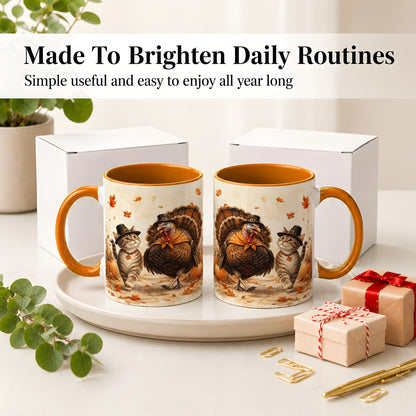 #pl[11oz|Orange] Thanksgiving Cat and Turkey Accent Mug, Mug with Pilgrim Hats