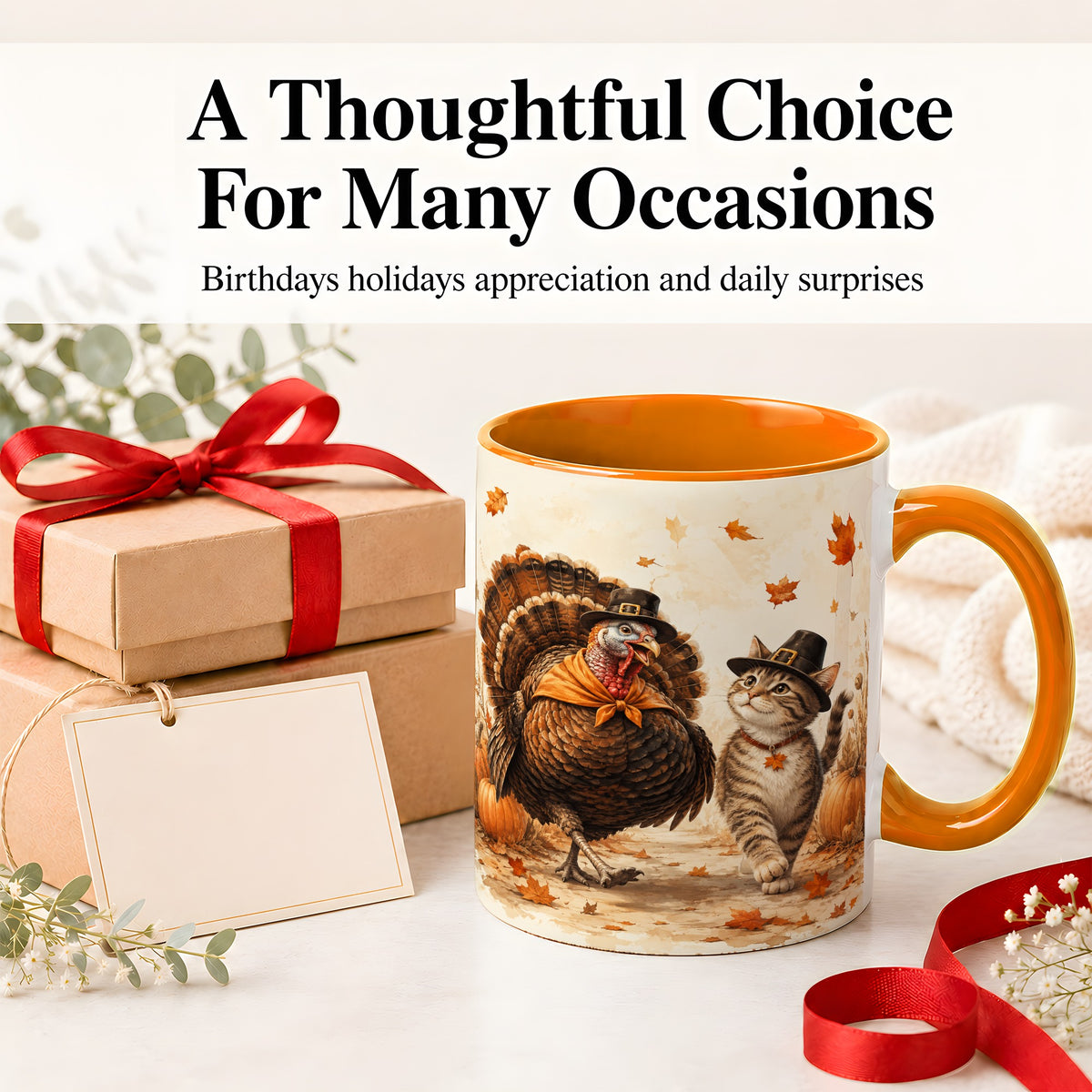 #pl[11oz|Orange] Thanksgiving Cat and Turkey Accent Mug, Mug with Pilgrim Hats