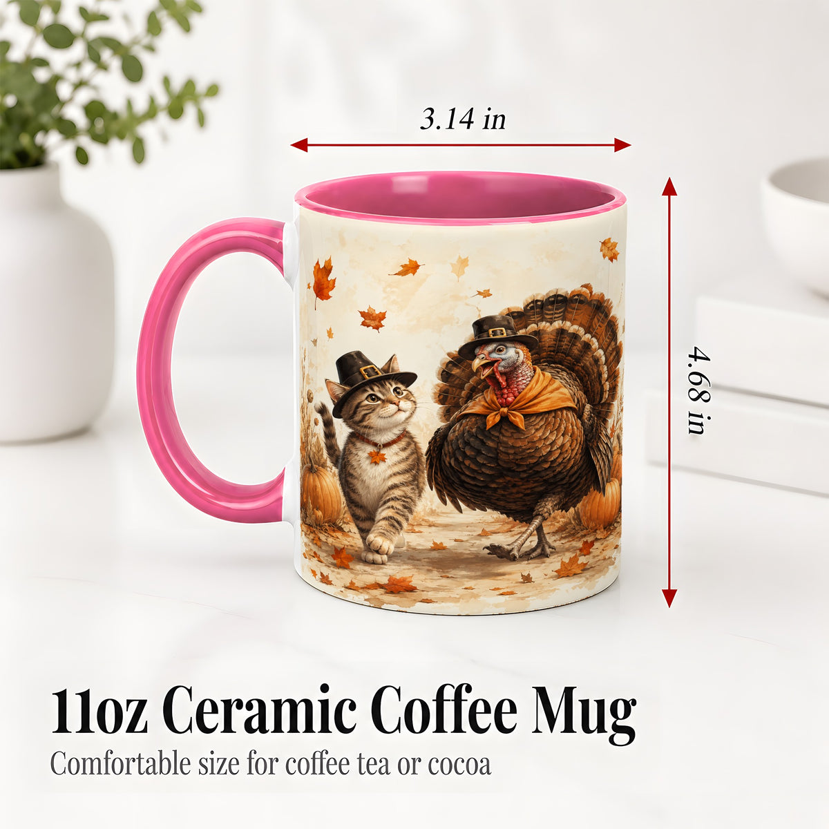 #pl[11oz|Pink] Thanksgiving Cat and Turkey Accent Mug, Mug with Pilgrim Hats