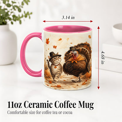 #pl[11oz|Pink] Thanksgiving Cat and Turkey Accent Mug, Mug with Pilgrim Hats