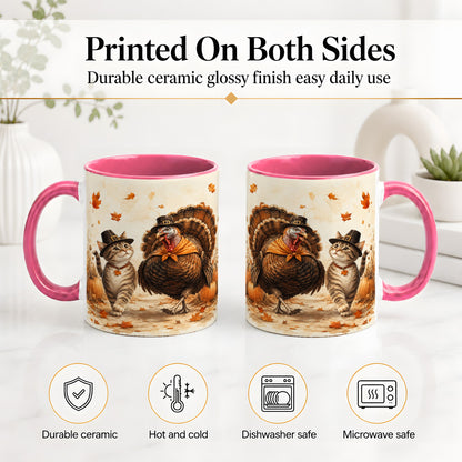 #pl[11oz|Pink] Thanksgiving Cat and Turkey Accent Mug, Mug with Pilgrim Hats