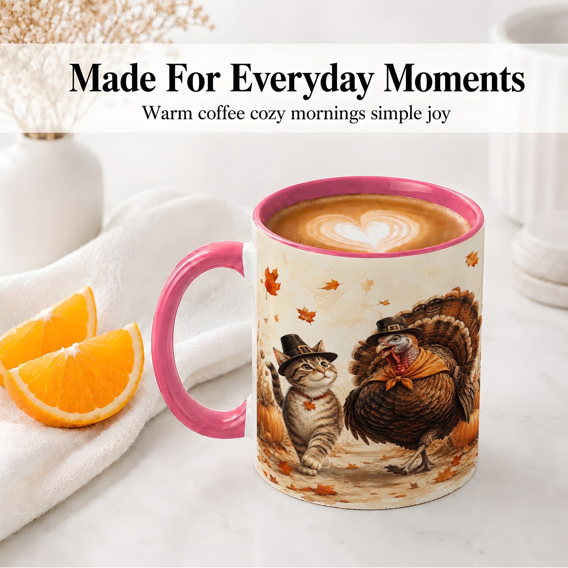 #pl[11oz|Pink] Thanksgiving Cat and Turkey Accent Mug, Mug with Pilgrim Hats