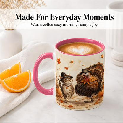#pl[11oz|Pink] Thanksgiving Cat and Turkey Accent Mug, Mug with Pilgrim Hats