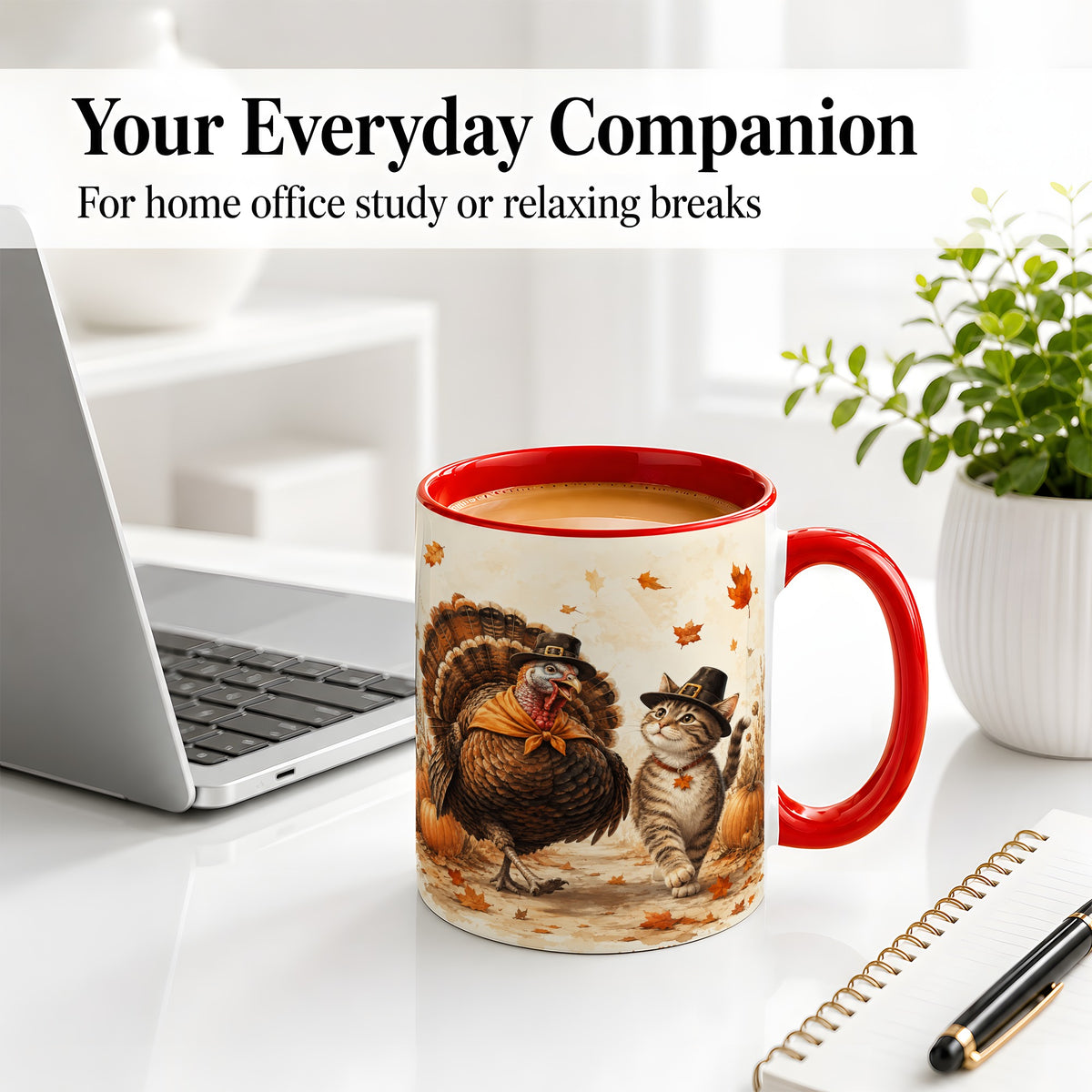 #pl[11oz|Red] Thanksgiving Cat and Turkey Accent Mug, Mug with Pilgrim Hats